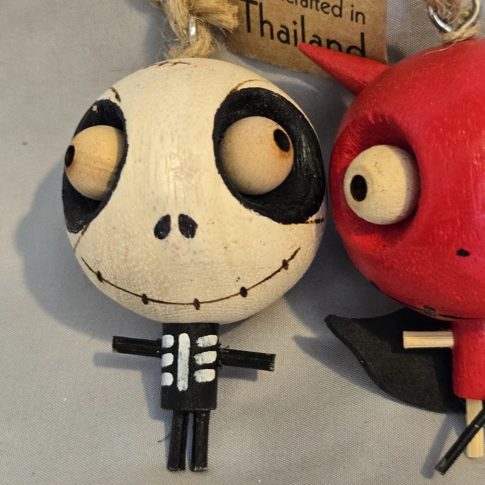 Pier 1 Halloween Devil Skeleton Ornaments Wood Handcrafted Thailand Set of 2